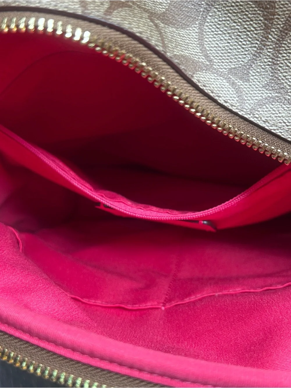 Coach Signature Monogram Pink Leather Trim Backpack – Gold Hardware – Medium